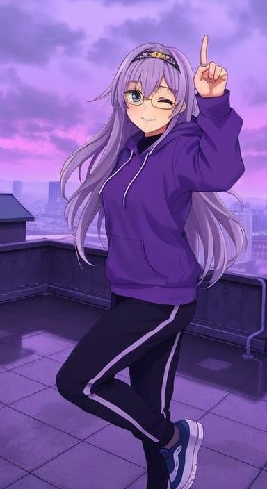 Anime Cowgirl Dancing on Rooftop in Purple Cityscape