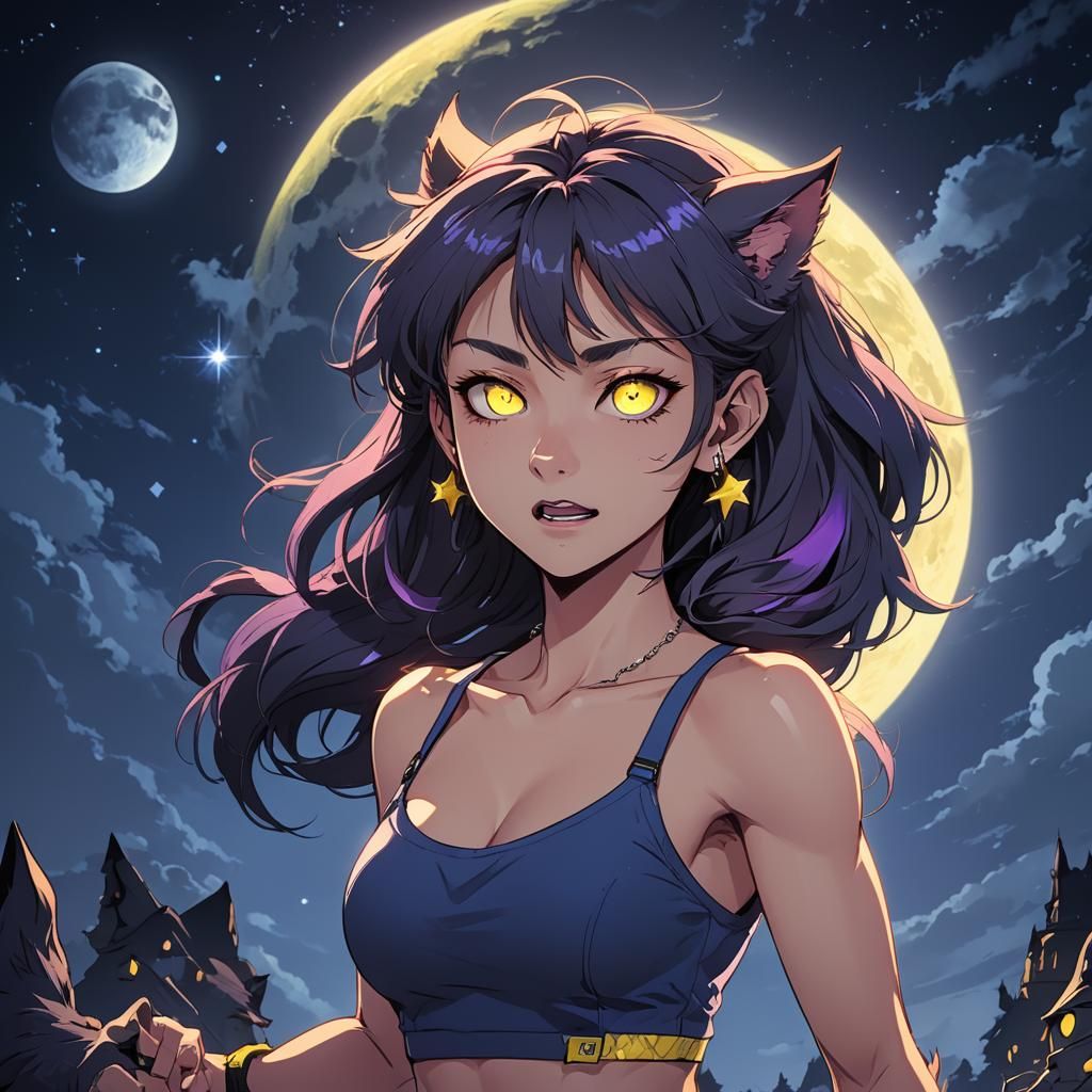 Fierce Anime Werewolf Girl in Moonlight