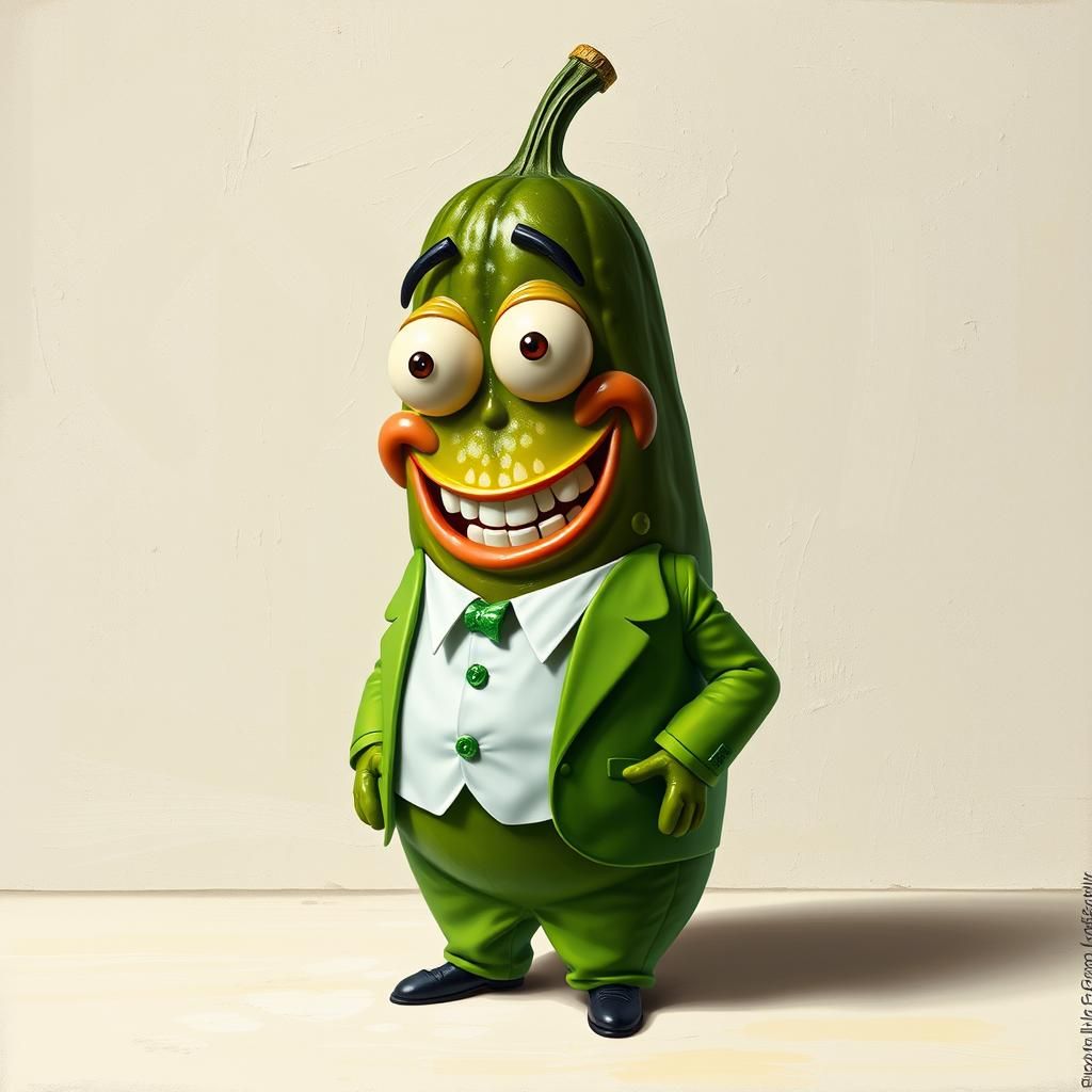 Humorous Anthropomorphic Pickle in Surreal Scene