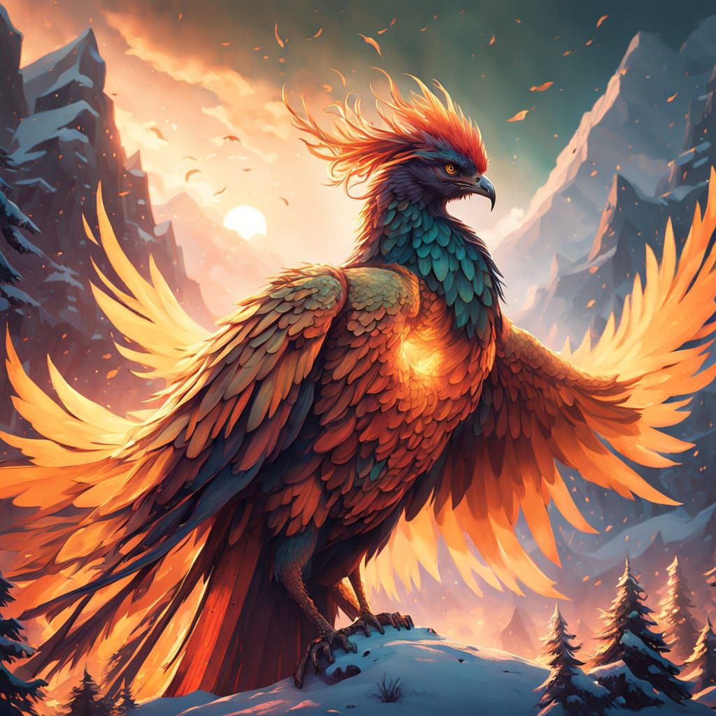 Blazing Phoenix Soars Across Kaleidoscopic Sunrise