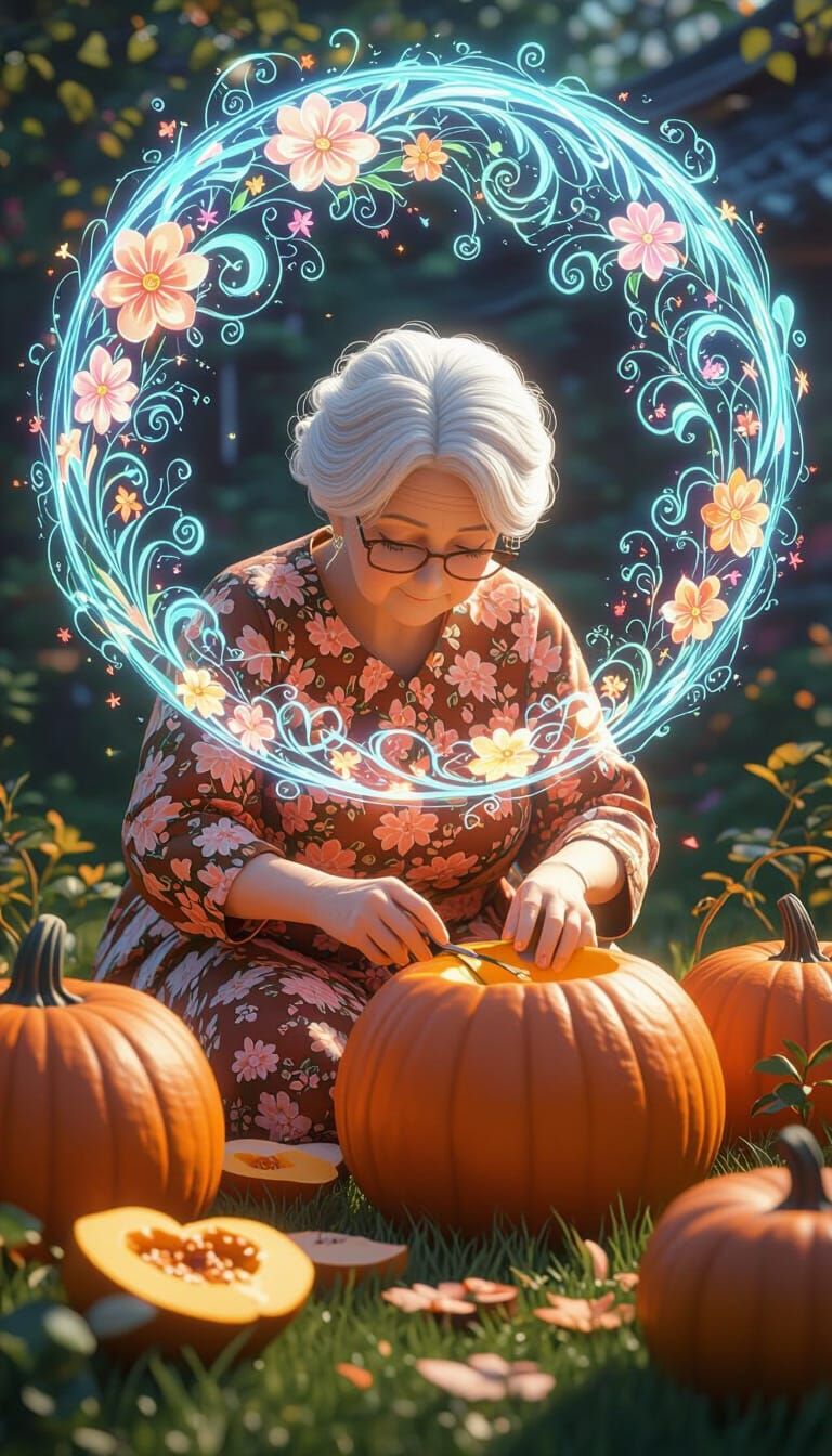 Grandma Joins Giant Pumpkin Pieces in Anime Style
