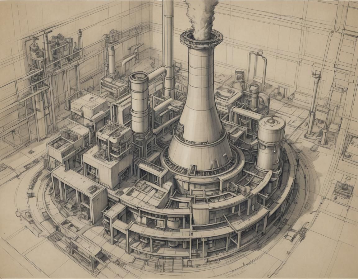 Nuclear Plant Blueprint in Sketch Illustration Style