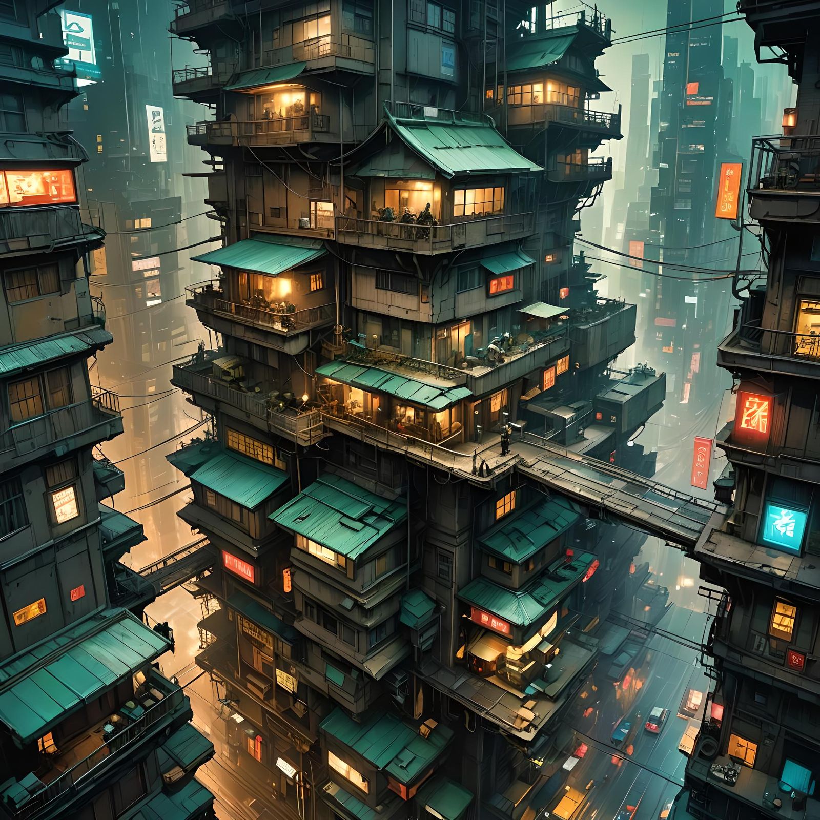 Cyberpunk Cityscape with Platforms: Digital Masterpiece