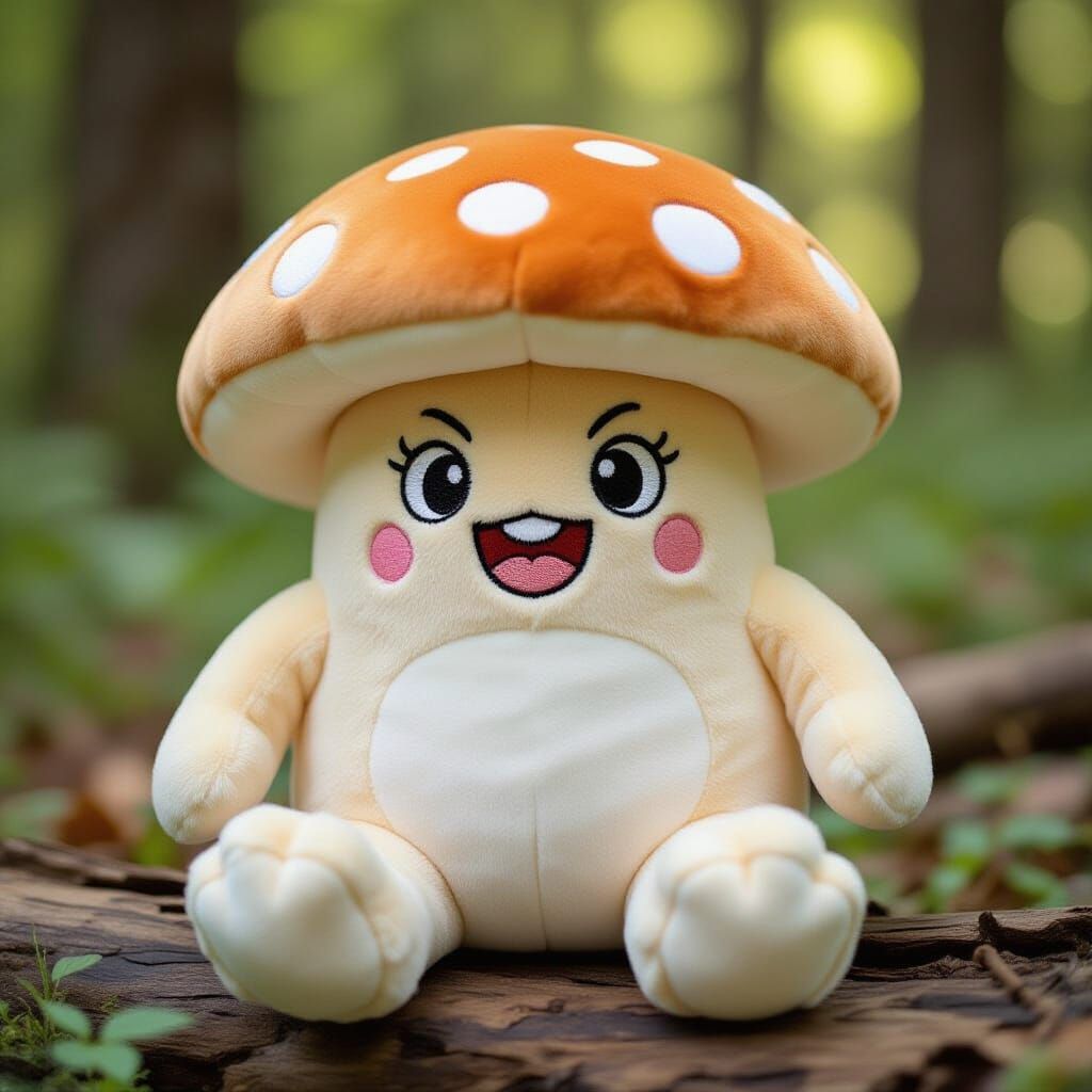 Cuddly Mushroom Plushie with Crazy Expression on Log