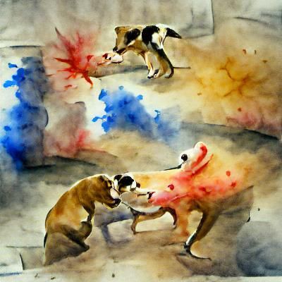 Watercolor Painting of Dogs Play Fighting