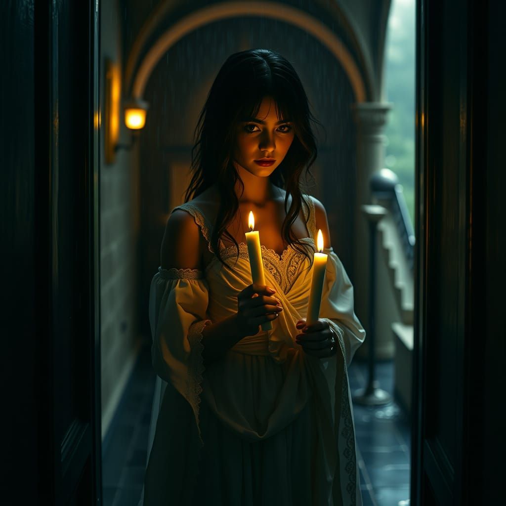 Enigmatic Girl in Castle Hallway: Photorealistic Cinematic S...
