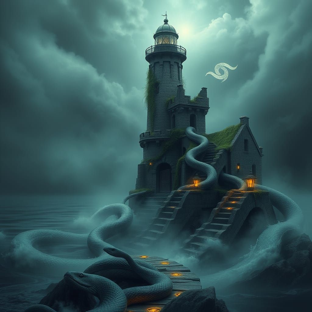 Mystical Lighthouse of Serpents Amidst Zodiac River