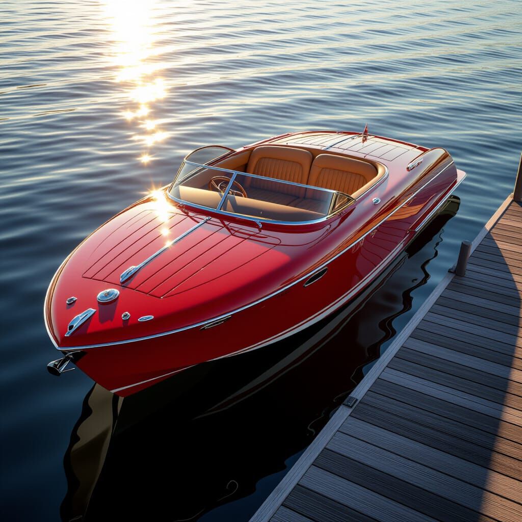 Glossy Red Speedboat Docked with Tan Leather Interior