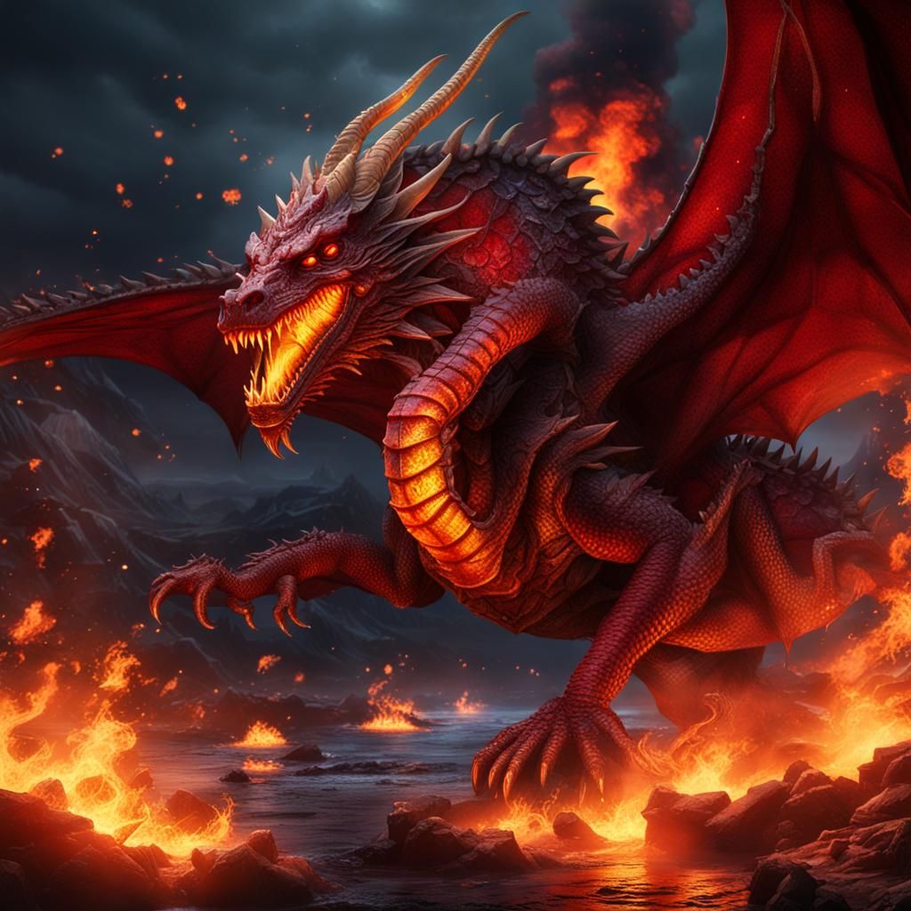 Sunset Dragon over Blood Sea with Lilies