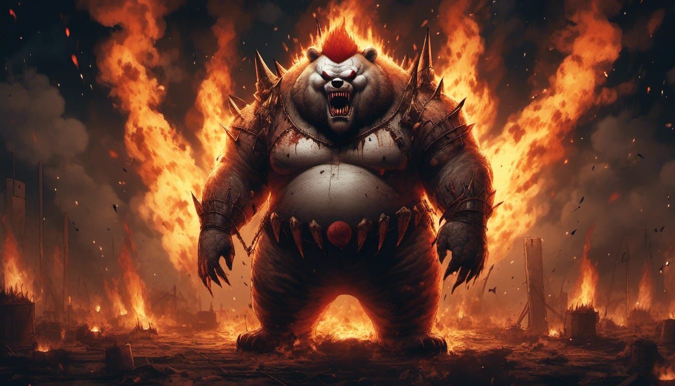Evil Clown Bear in Flames: A Horrific Portrait
