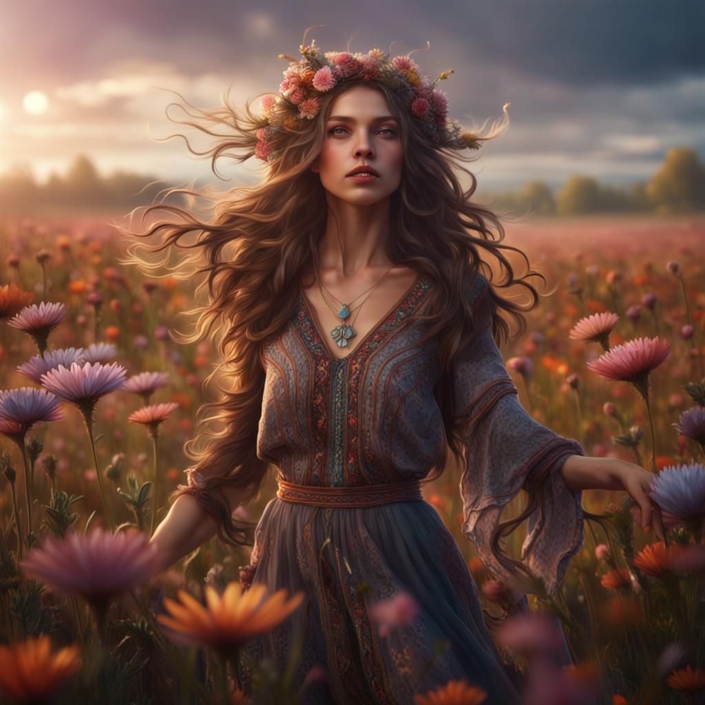Boho Girl in Flower Field: Fantasy Concept Art