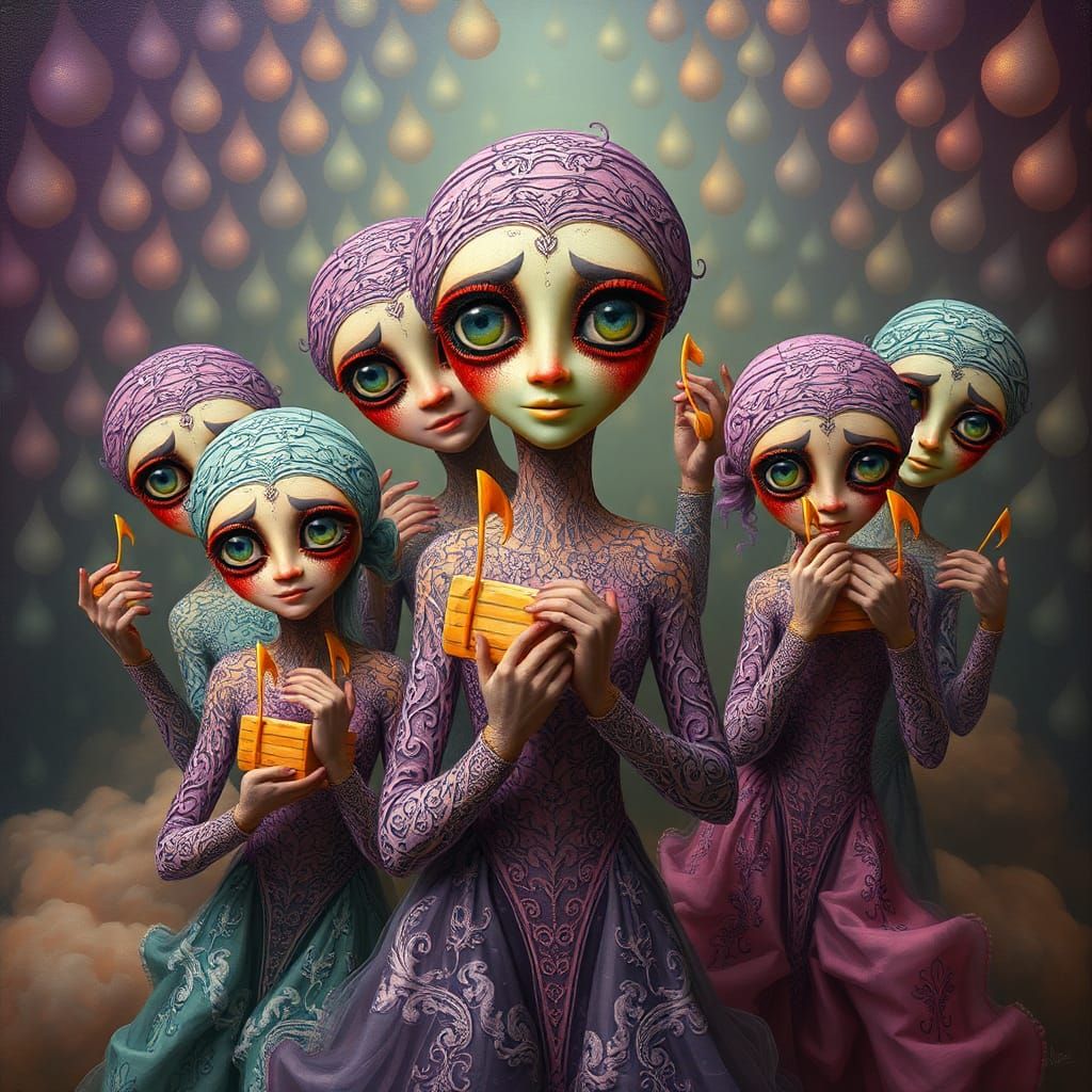 Surreal Figures Conjure Musical Notes in Dreamlike Scene