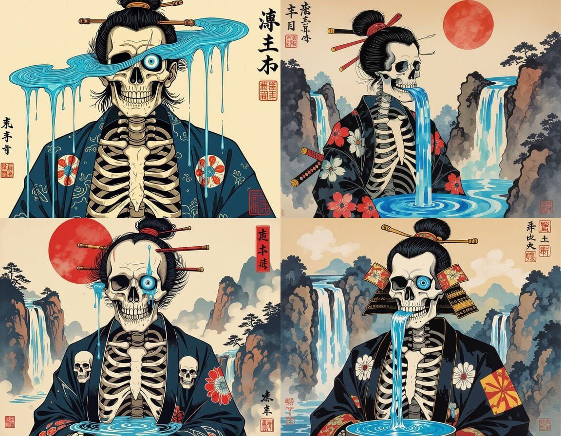 Mythical Samurai Skeleton in Ukiyo-e Style