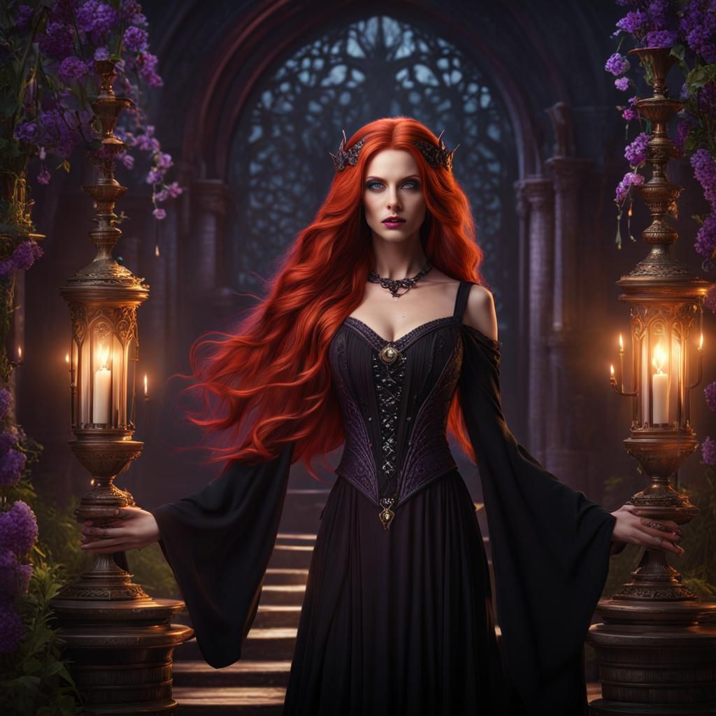Beautiful Red-Haired Witch in Detailed Fantasy Art