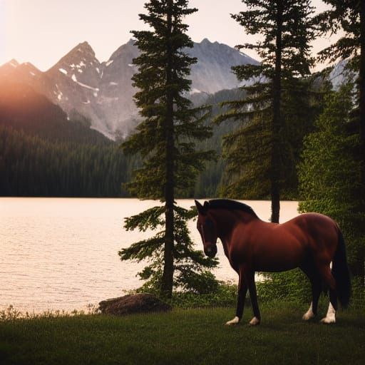 Majestic Horse at Sunset Lake: Professional Photography