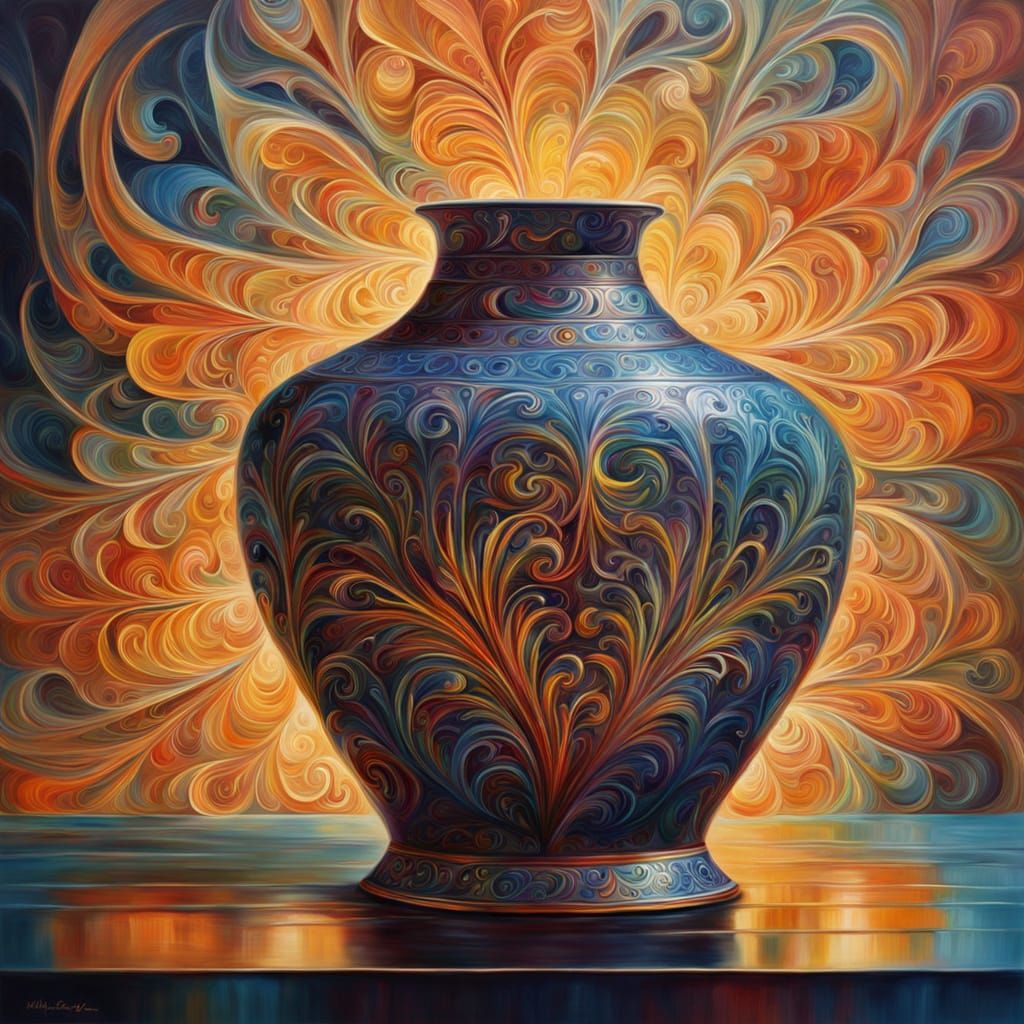Glowing Filigree Vase: Vibrant Oil Painting