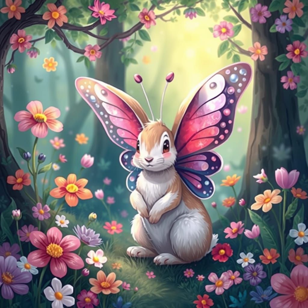 Butterfly Rabbit in Dreamy Forest Illustration