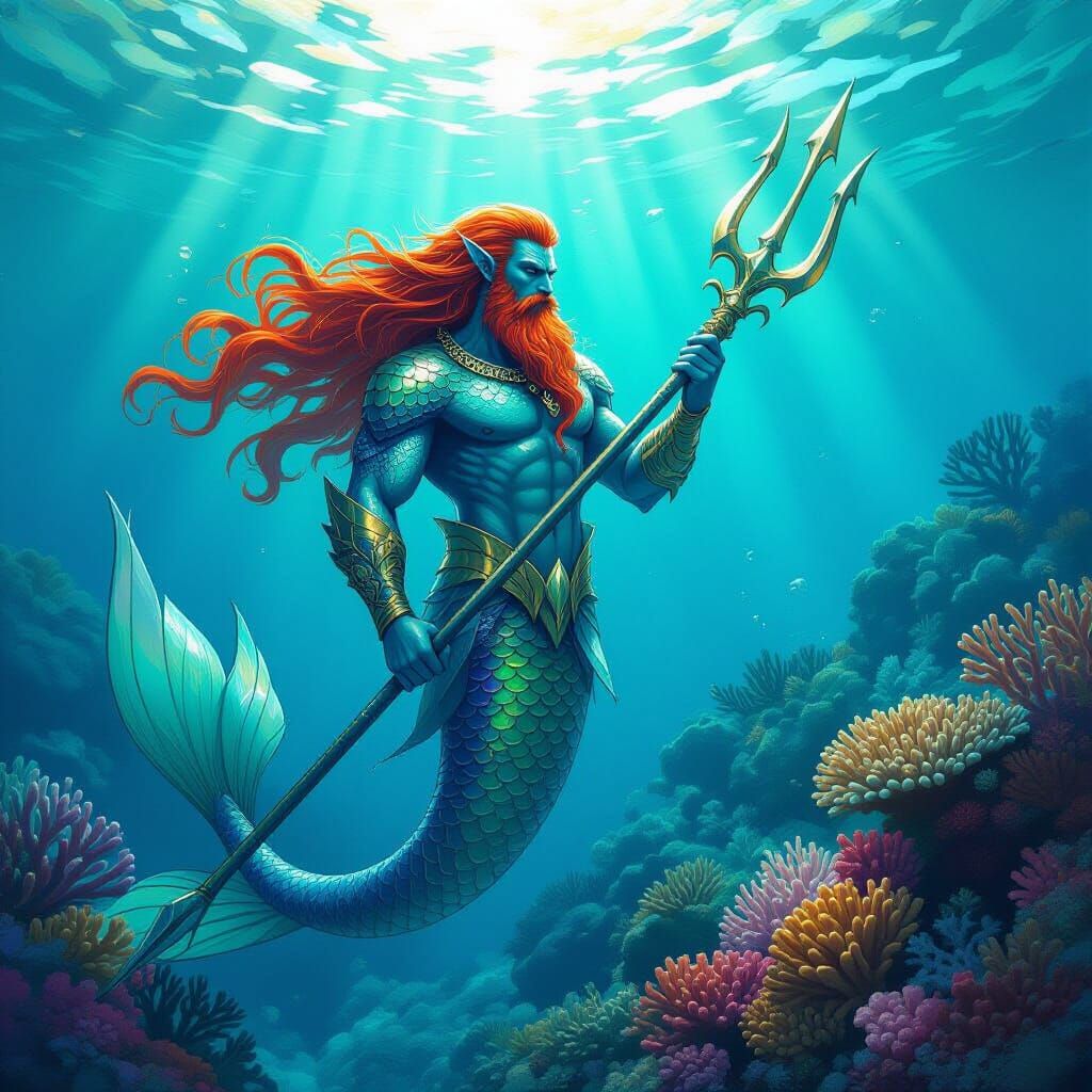 Merman Guarding Coral Reef in Moebius and Amano Style