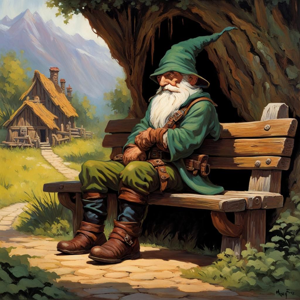 Gnome Rogue on Village Bench in Frazetta Style