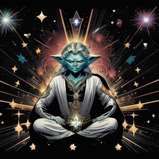 A green faced creature doing yoga ( Yoda inspired)