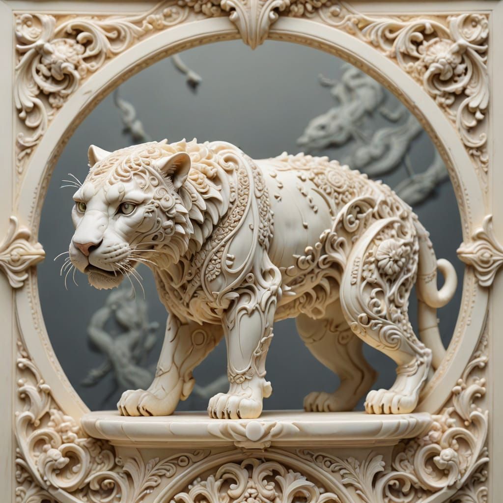 Ivory Battle Panther Sculpture in Baroque Style