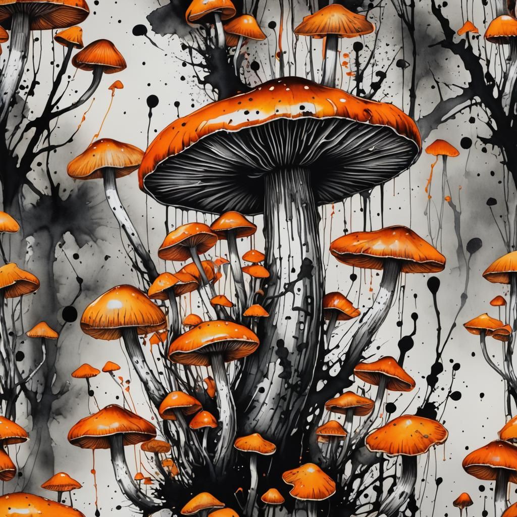 Dark Ink Mushroom Illustration in Vibrant Colors