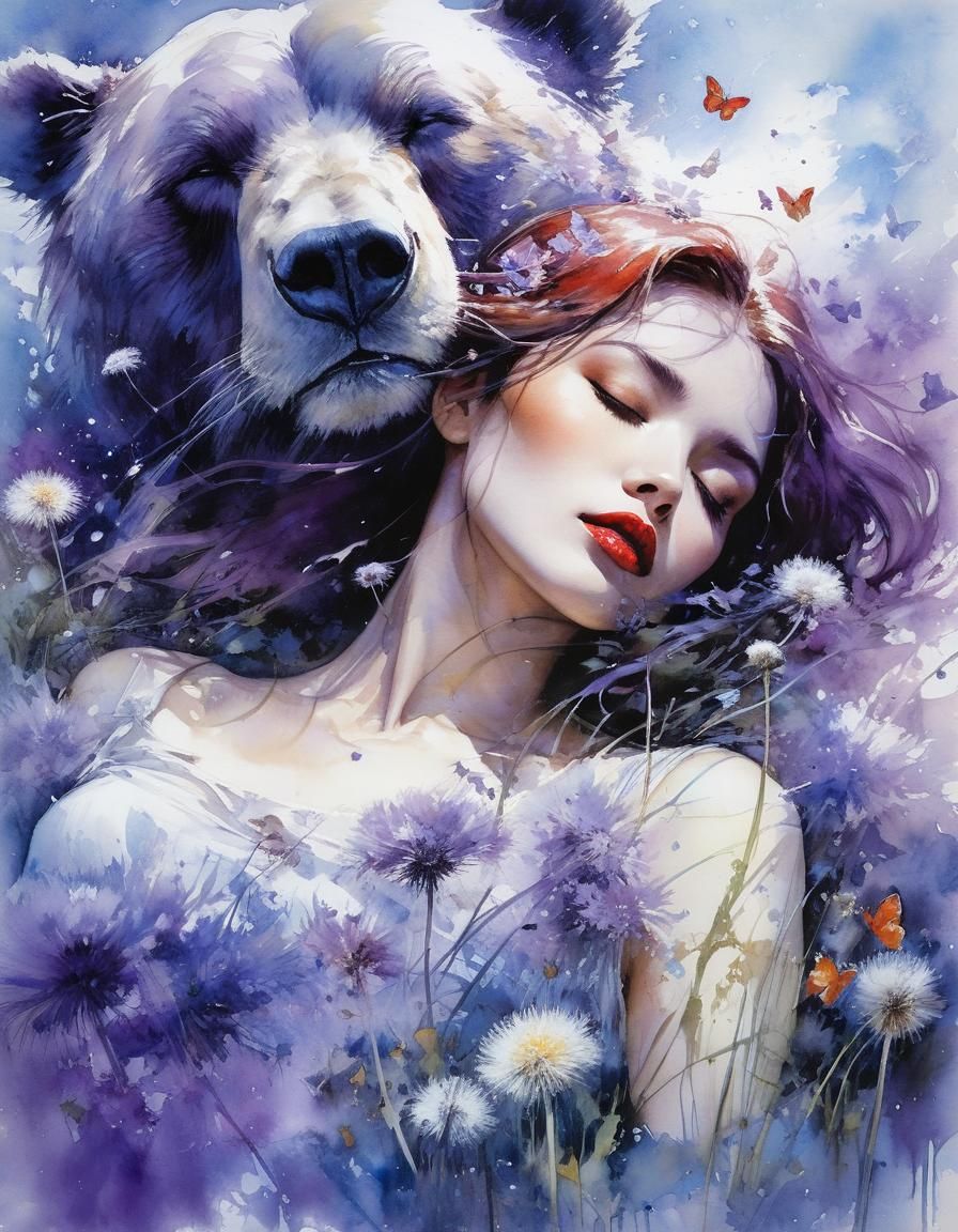 Sleeping Girl on Bioluminescent Bear, Watercolor Art