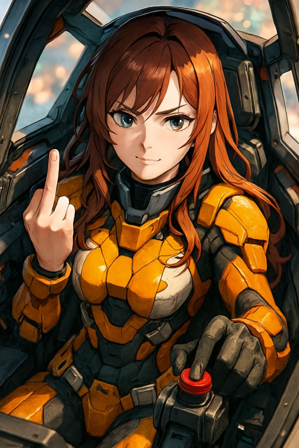 Anime Woman Gestures in Mecha Cockpit