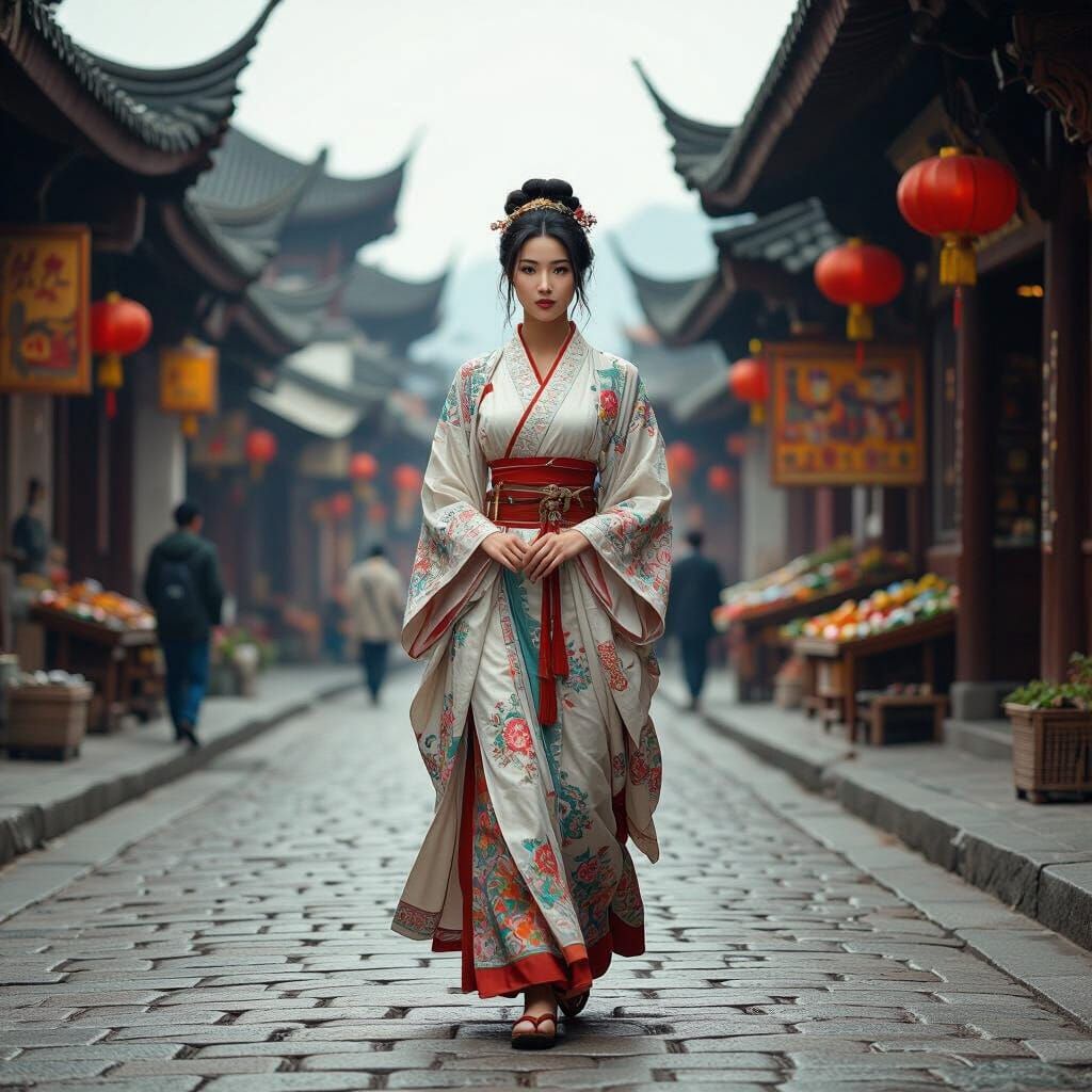 Ancient Chinese Woman in Silk Attire on Cobblestone Road