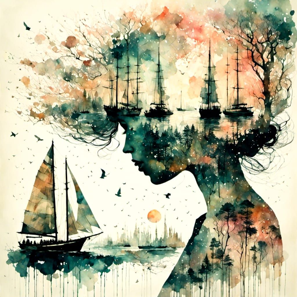 Dreamy Double Exposure: Woman and Sailboat in Watercolor
