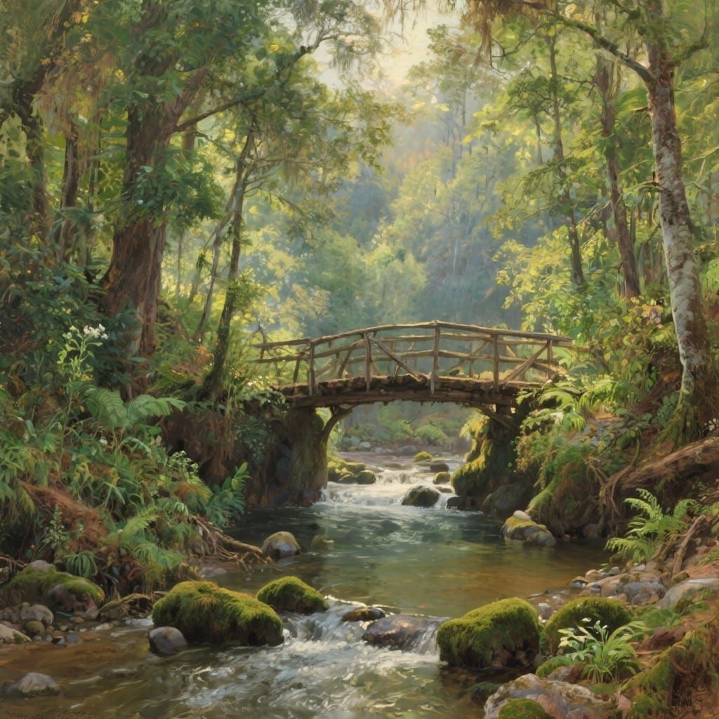 Serene Forest River Under Rustic Bridge Oil Painting