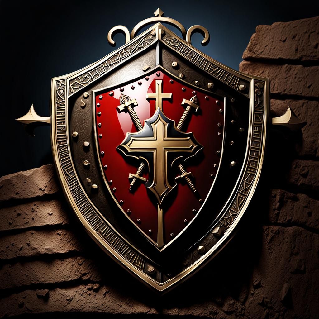 Medieval Shield with Greek Cross on Burgundy Leather