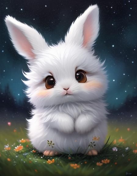 Cute Fluffy Bunny in Flower Rain: Oil Painting