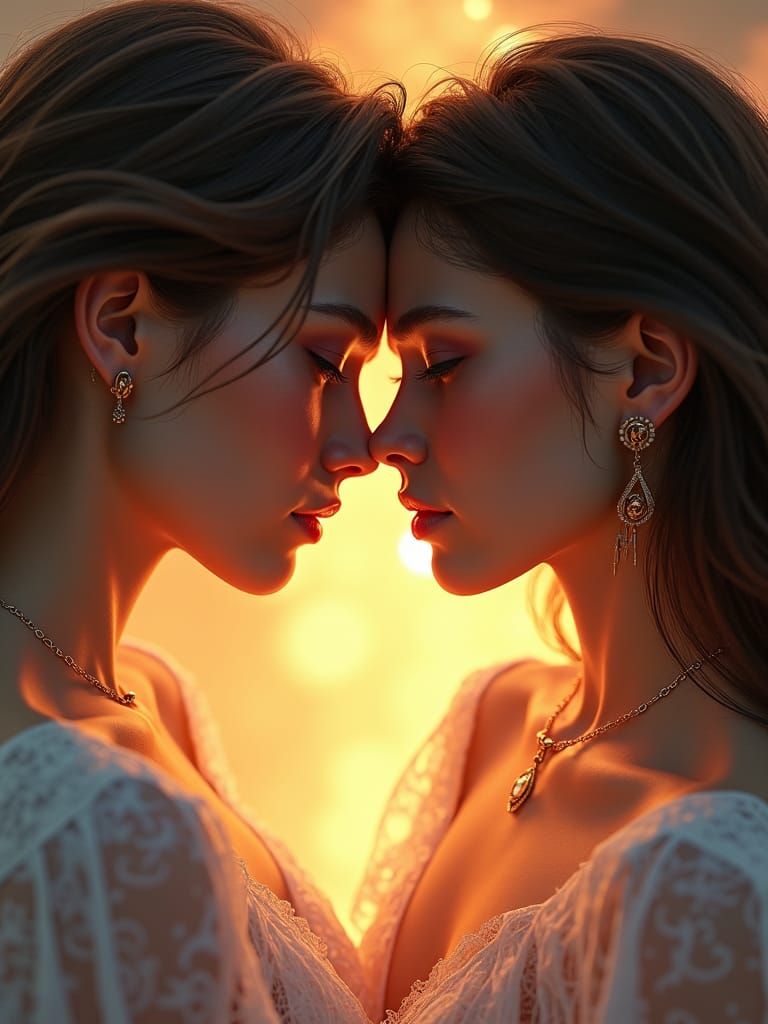 Two Women in Tender Embrace: Art Nouveau Portrait