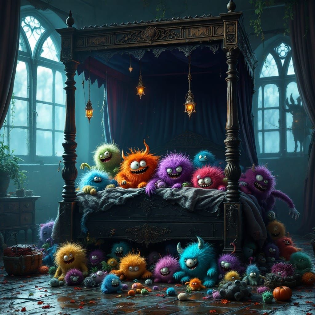 Gothic Four Poster Bed Surrounded by Whimsical Monsters in D...