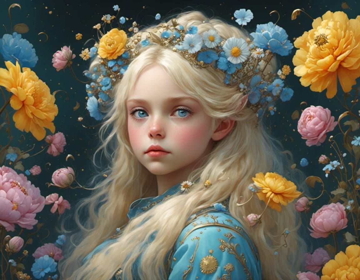 Girl with Flowers in a Colorful Field