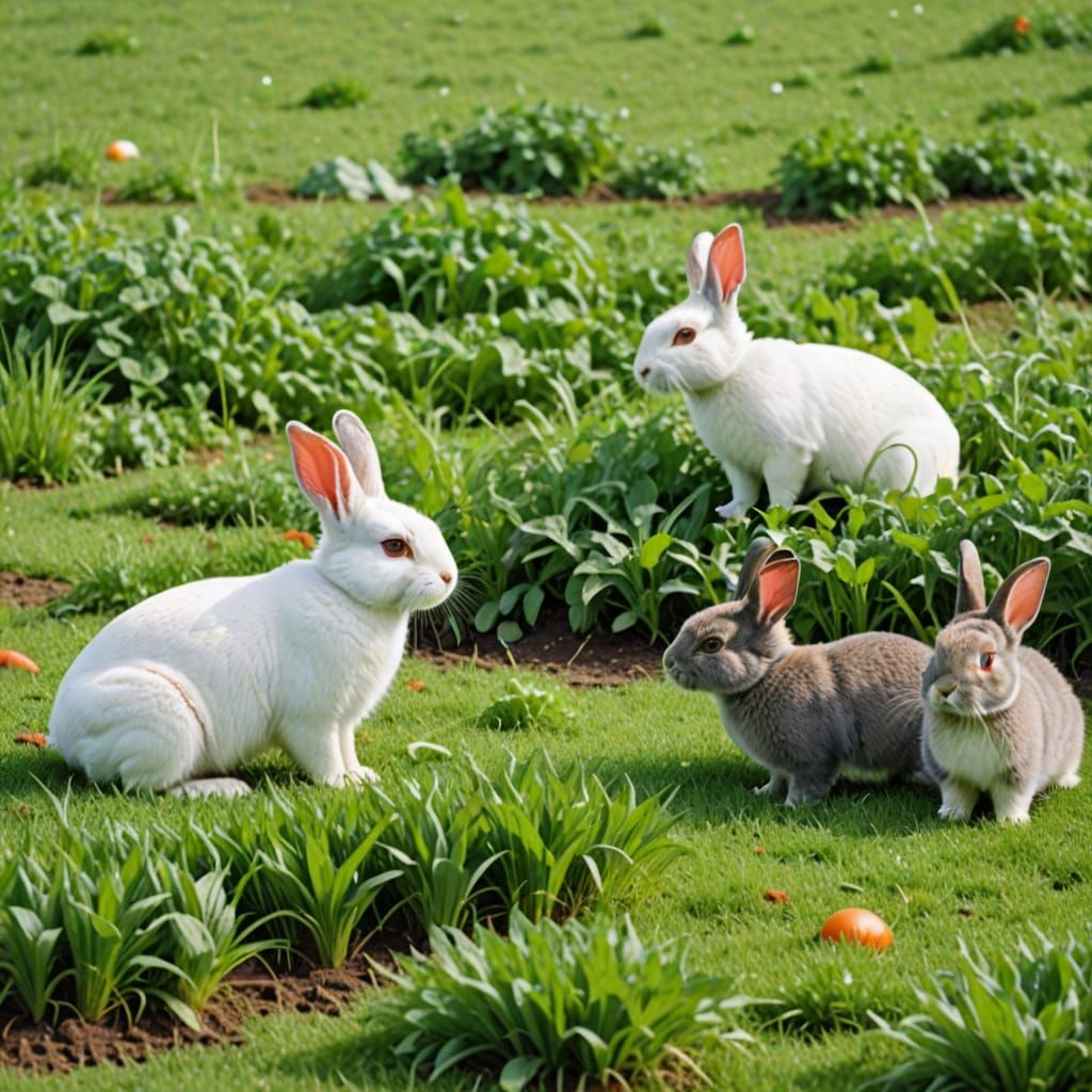 Rabbits Eating Grass in Garden, One Leaping