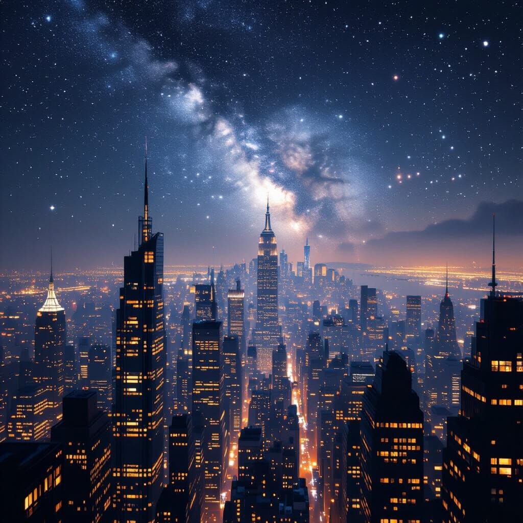 Hyperrealistic Cityscape Under Stardust Night Sky