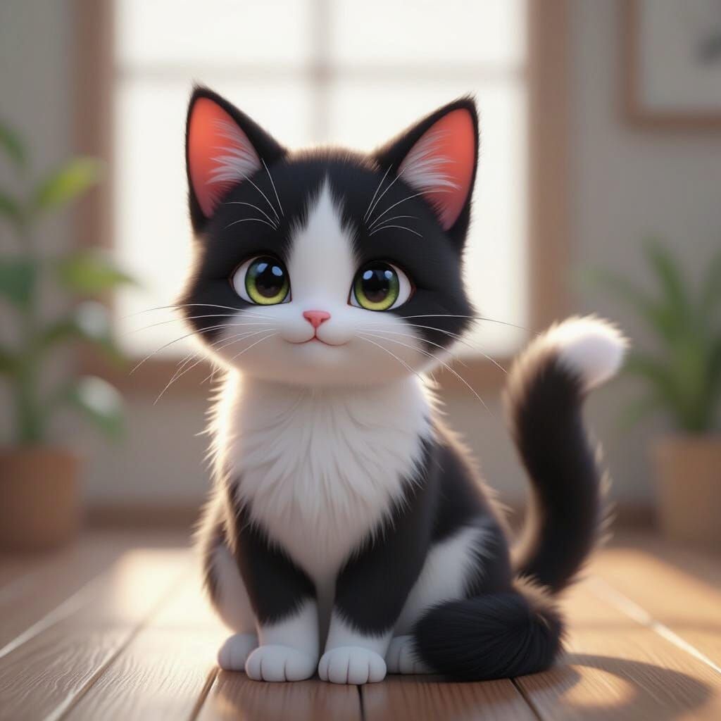 Cute Black and White Cat in 3D Anime Style