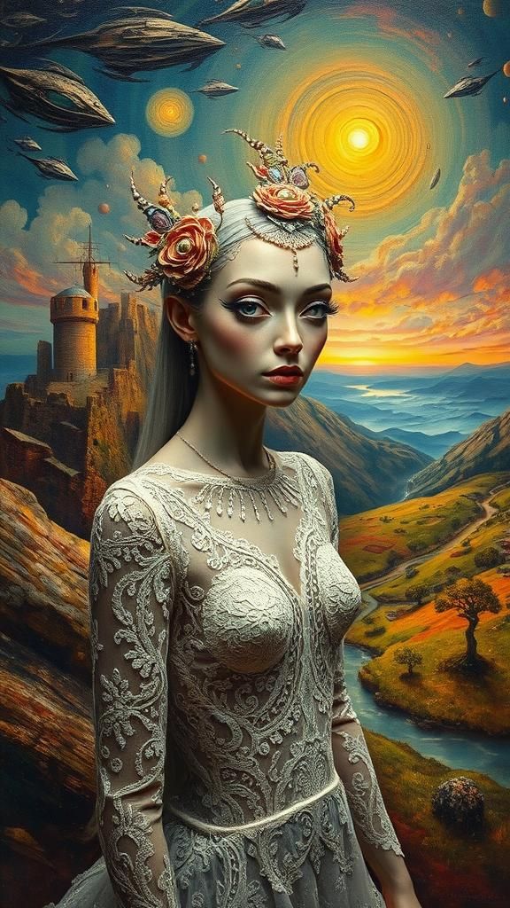 Alien Hybrid Girl in Surrealist Melting Oil Landscape