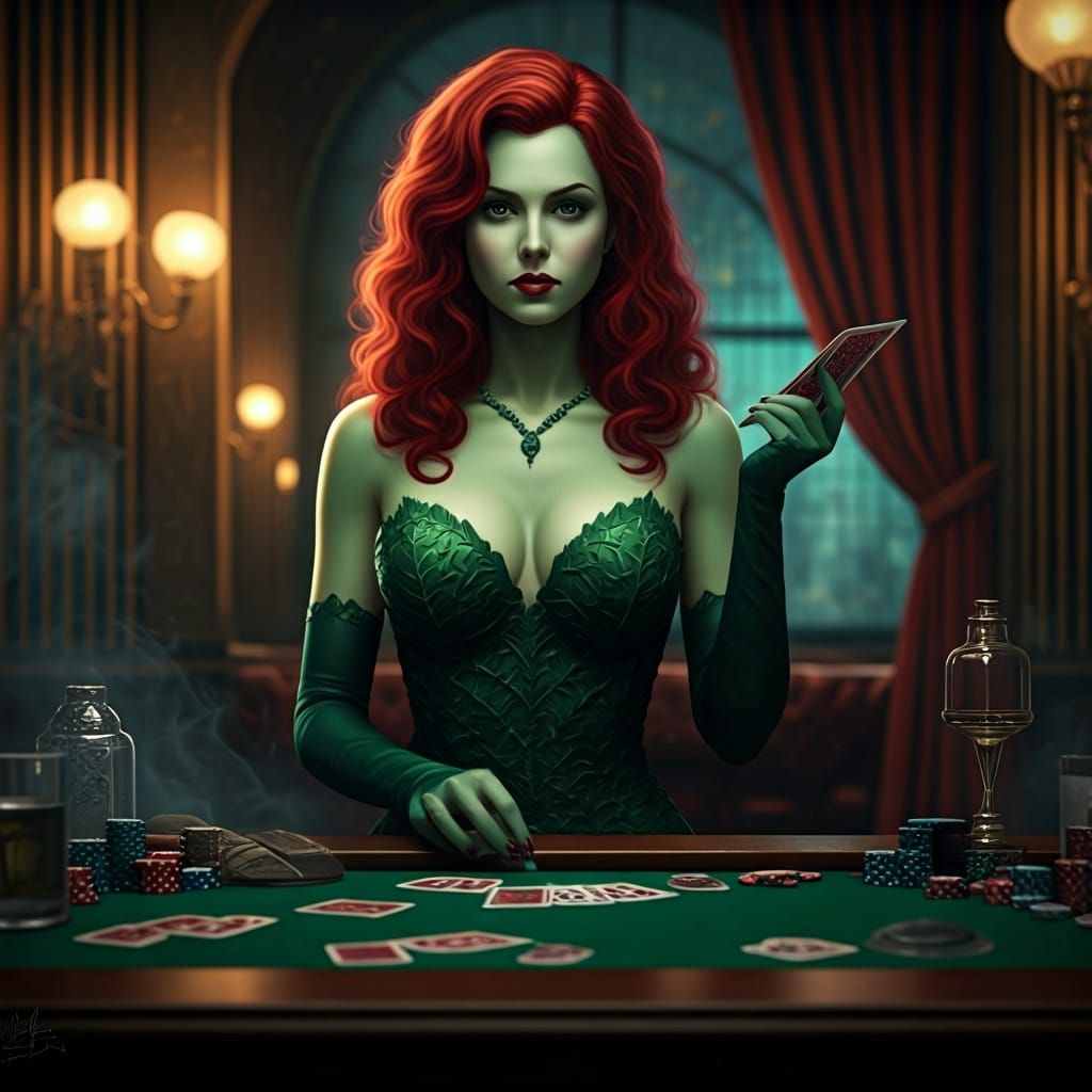 Poison Ivy at 1920s Poker Table, Hyperrealistic Style