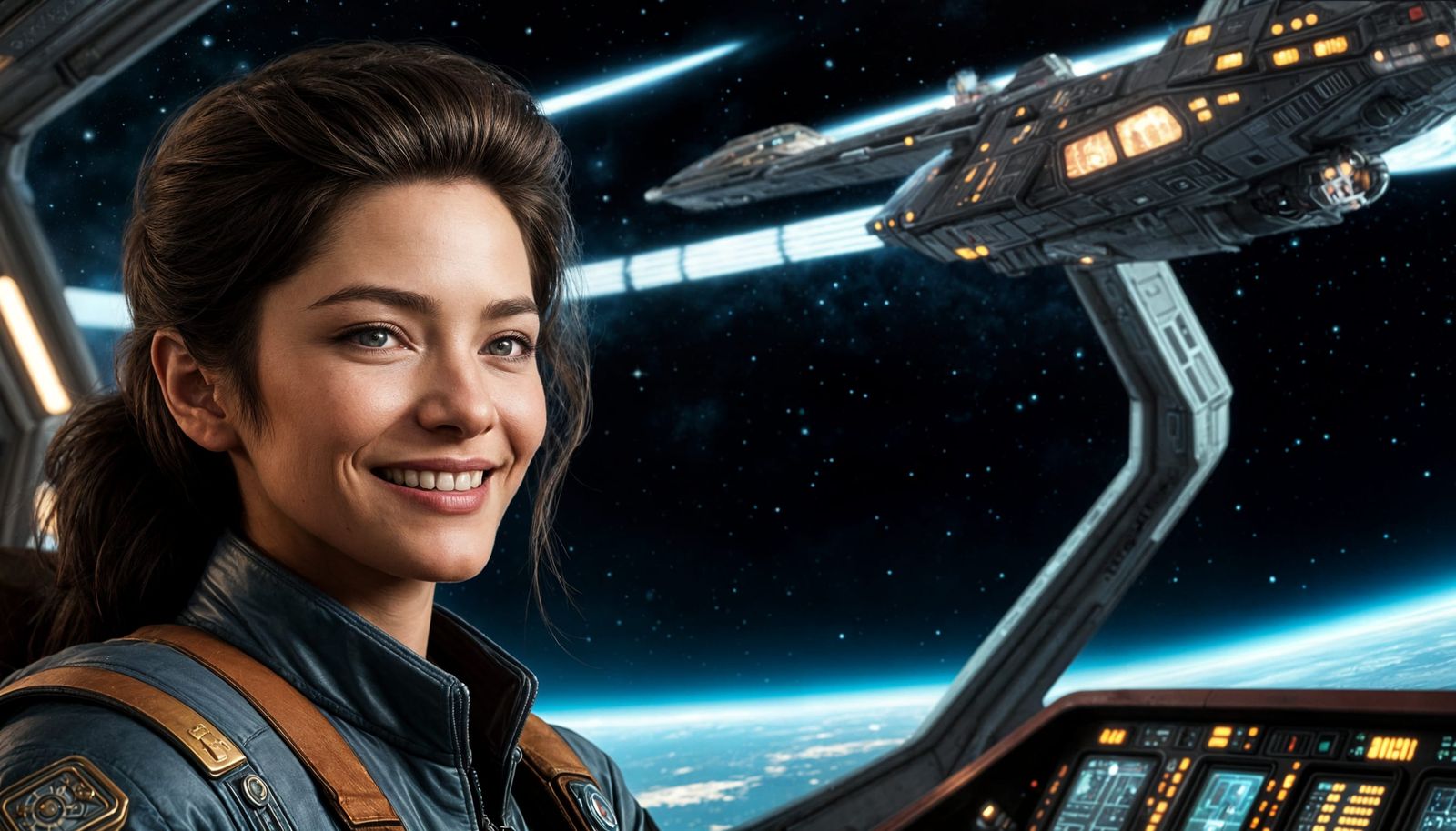 Cyberpunk Starship Pilot Smiles into the Cosmos