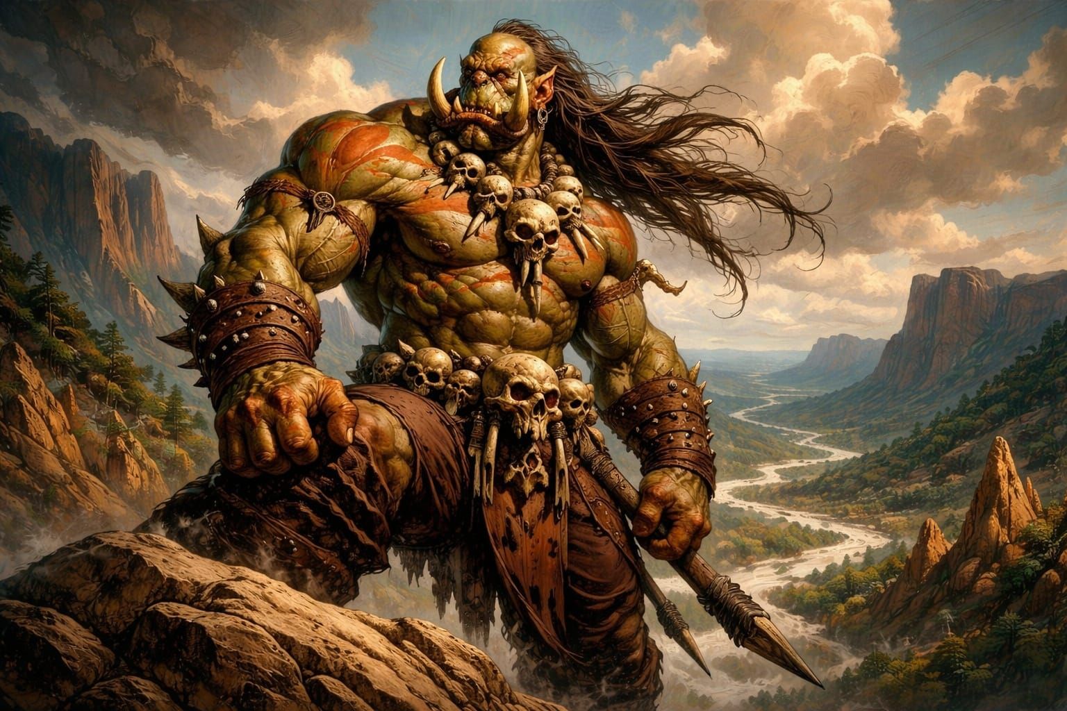 Muscular Orc Warrior Overlooking Valley in Fantasy Art Style