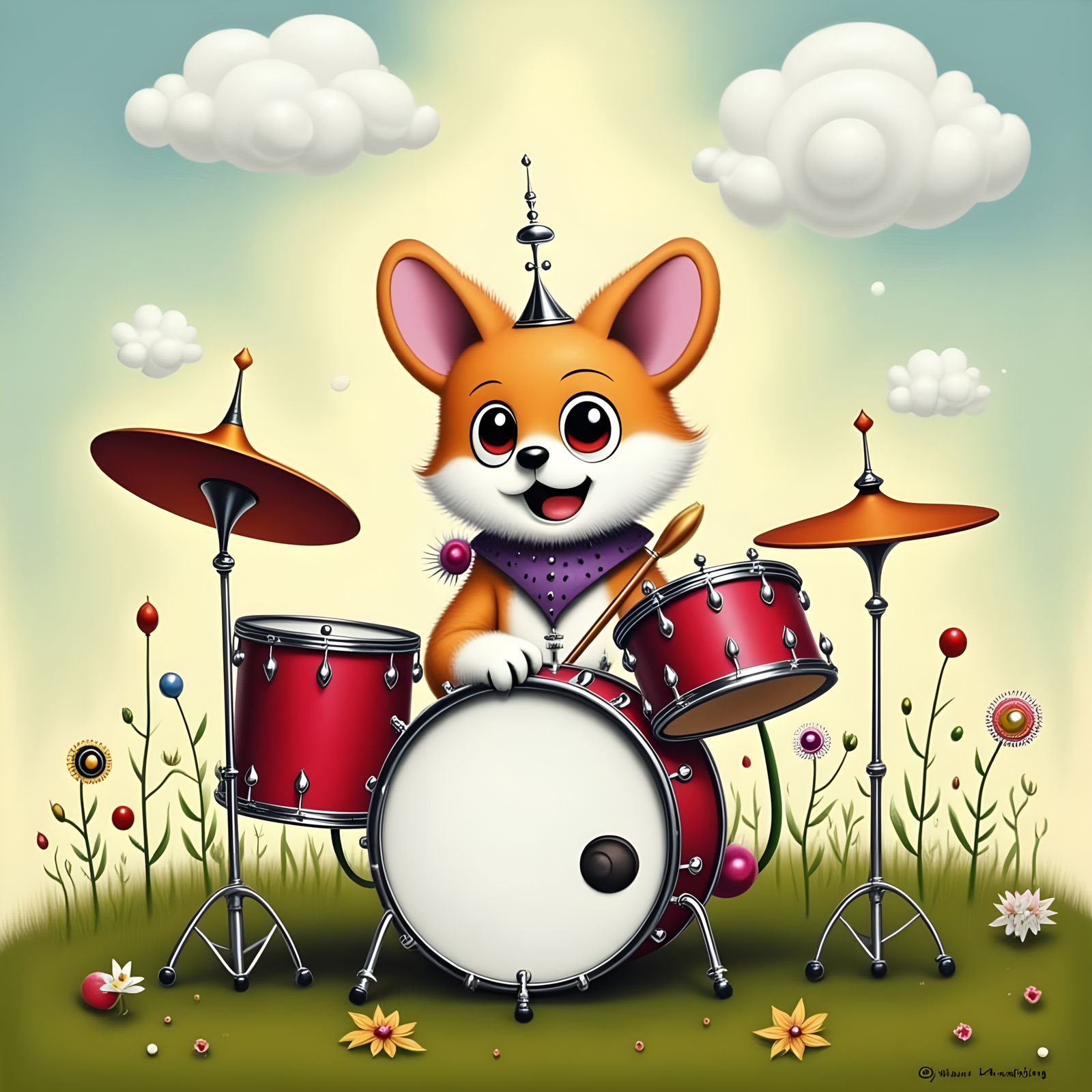 Fluffy Dog Plays Drum in Vibrant Impasto Oil Painting