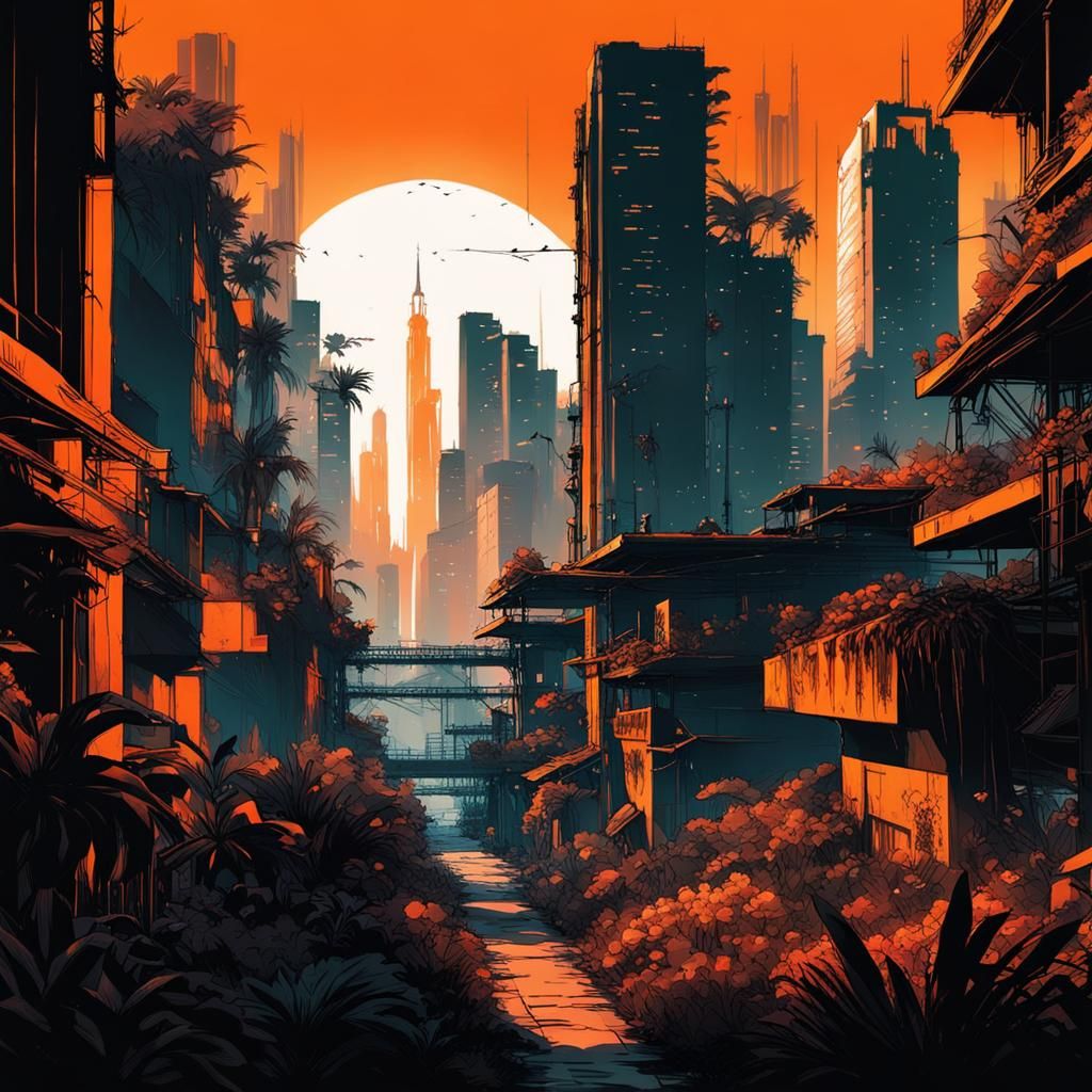 Gotham Garden Blooms at Sunset: Cyberpunk Cityscape
