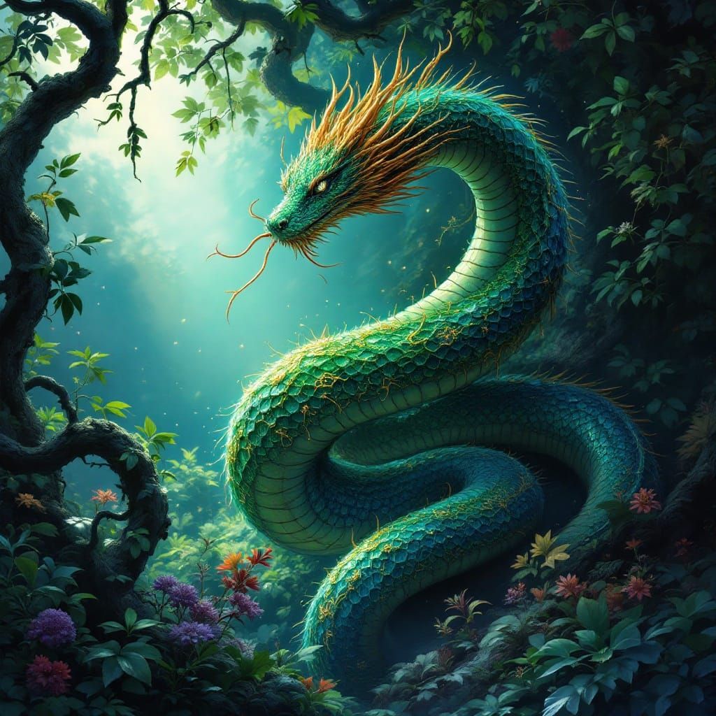 Mystical Serpent in Jewel-Toned Fantasy Landscape