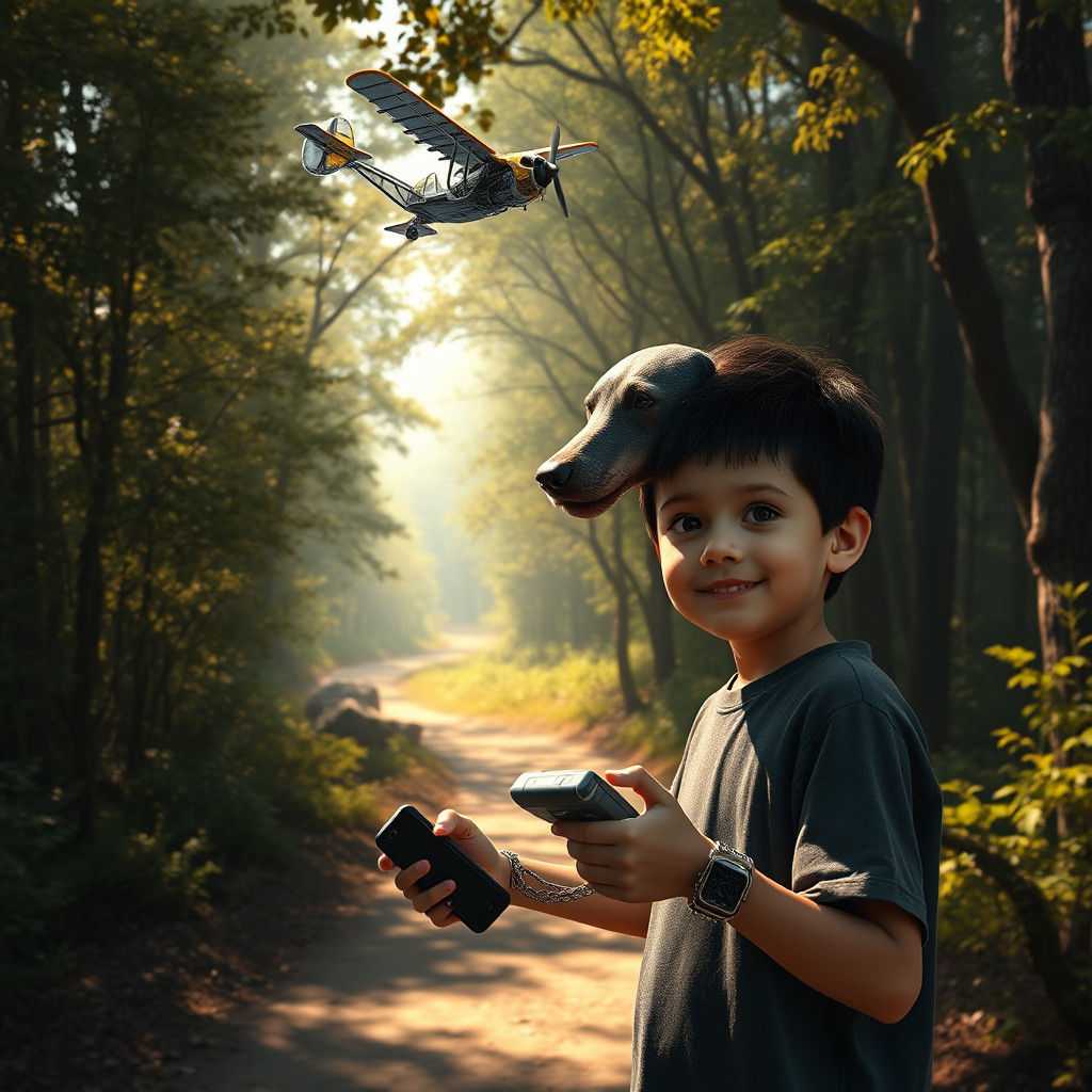 Boy and Robot Dog Airplane in Sunny Forest