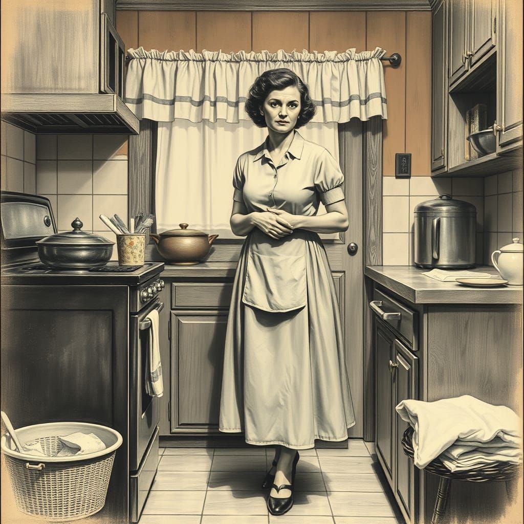 Motherly Devotion in 1950s Nostalgia, Charcoal Drawing Style