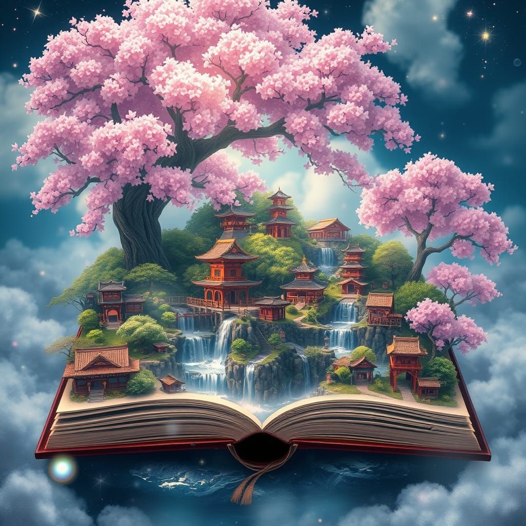 Magical Japanese Village Emerging from Open Book