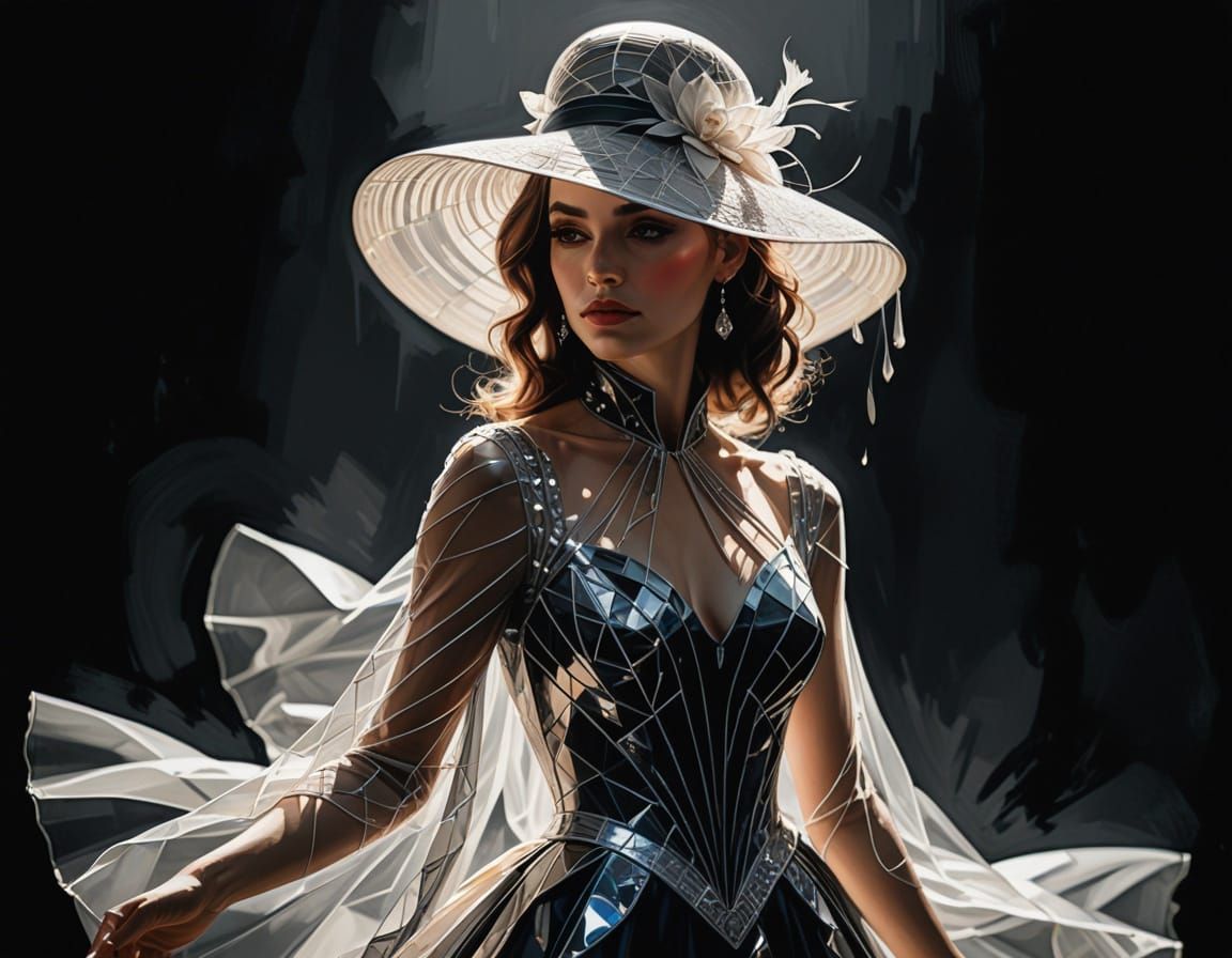 Elegant Woman in White Dress, Geometric Illustration